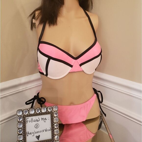 💋Xhiliration Pink and Black Scrunch Butt Bikini - Picture 1 of 7